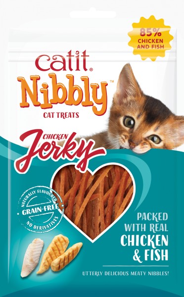 Nibbly Jerky Hühnerbrust mit Fisch 30g Packung